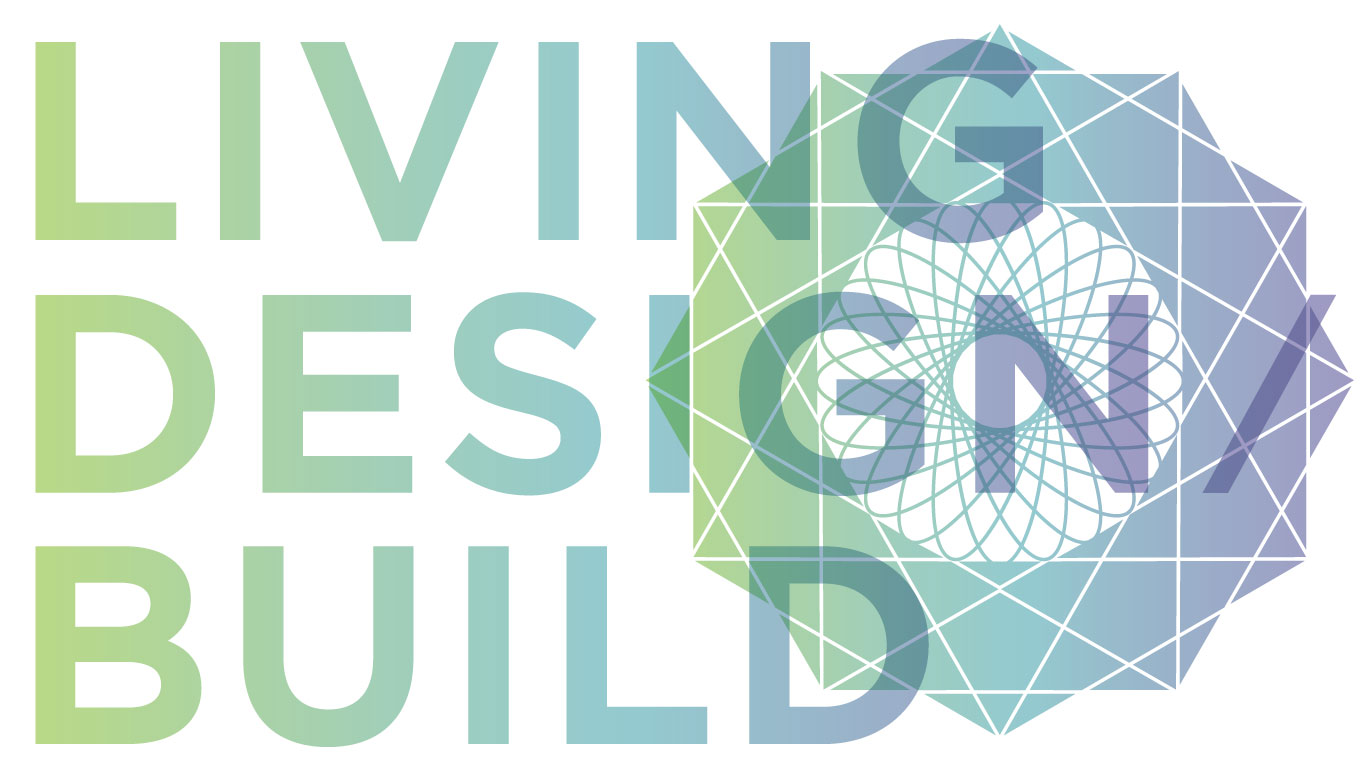 Graphic design image of the words &ldquo;LIVING DESIGN / BUILD&rdquo; with a geometric pattern.
